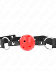 KINK - PALLA TRASPIRANTE BAVAGLIO 4 CM CON DOPPIO RIVETTO ROSSO 62,5 x 2,5 CM REGOLABILE 42 - 58 CM - KINK COLLAR & GAG - Intimo per le occasioni speciali | The Game Lingerie