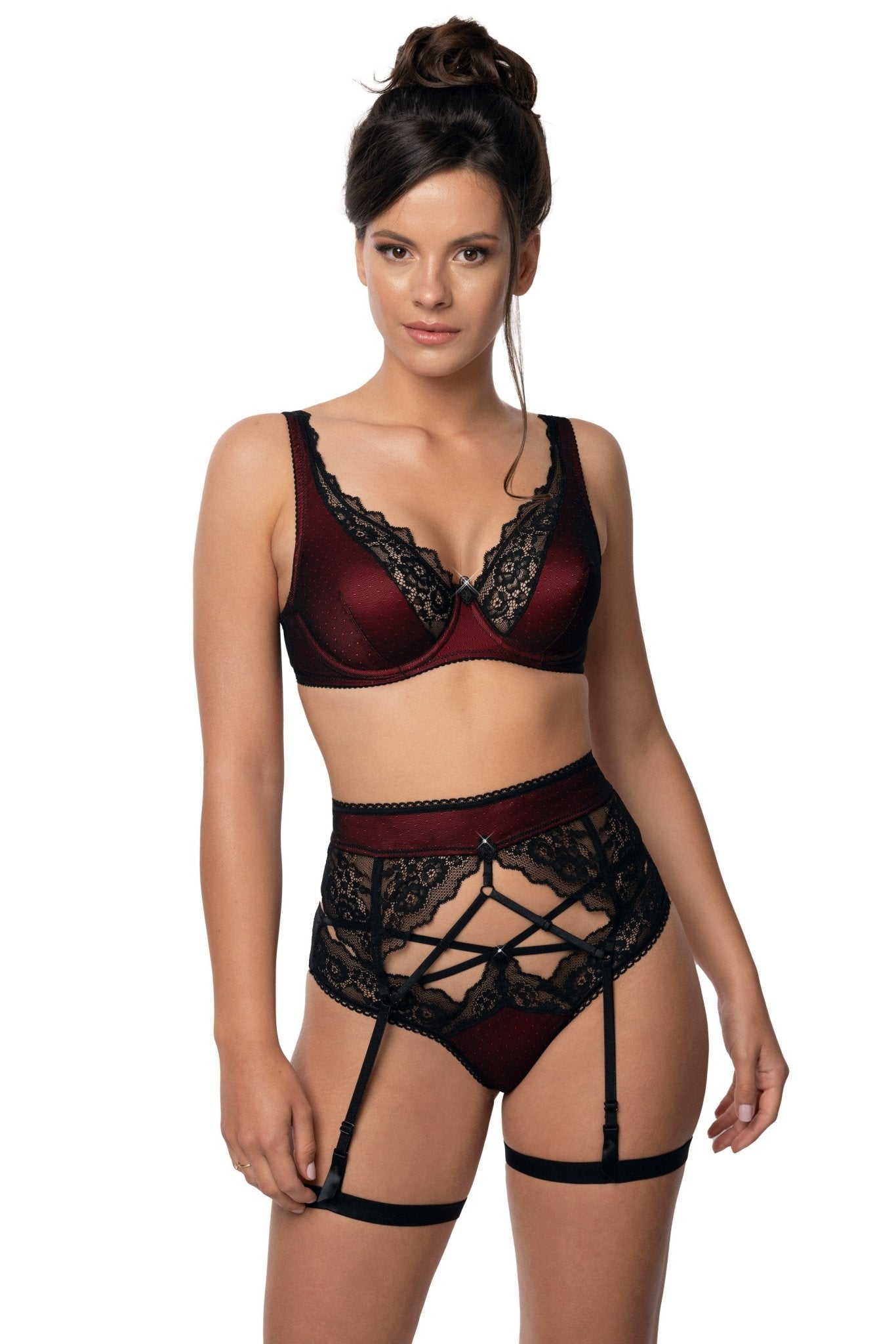 Set completo Elisif pizzo nero e bordeaux - ROZA LINGERIE - The Game Lingerie