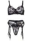 SUBBLIME - SET 3 PEZZI REGGISENO + PERIZOMA + GIARRETTIERA STAMPA FLOREALE NERO S/M - SUBBLIME SETS - Intimo per le occasioni speciali | The Game Lingerie