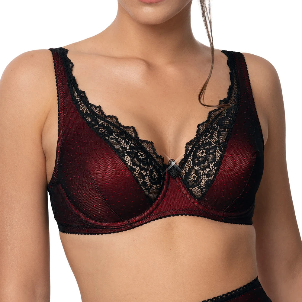 Reggiseno a Balconcino Elisif Pizzo Nero e Bordeaux - The Game Lingerie