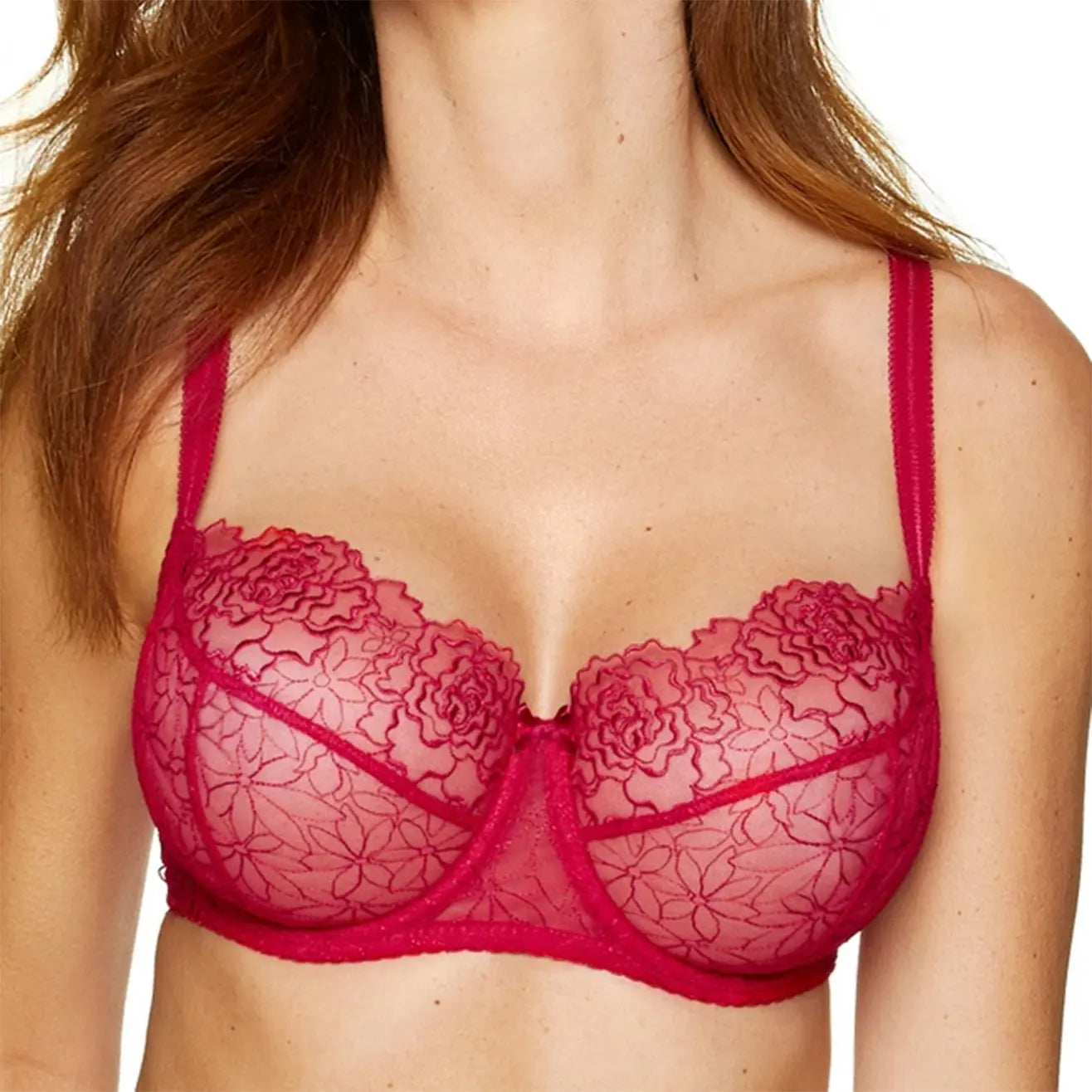 Reggiseno Morbido con Ricami Floreali e Ferretto Pamela Rosso