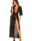 Vestaglia Peignoir Lunga Nera in Pizzo e Tulle Trasparente Estiqua | Obsessive 173113
