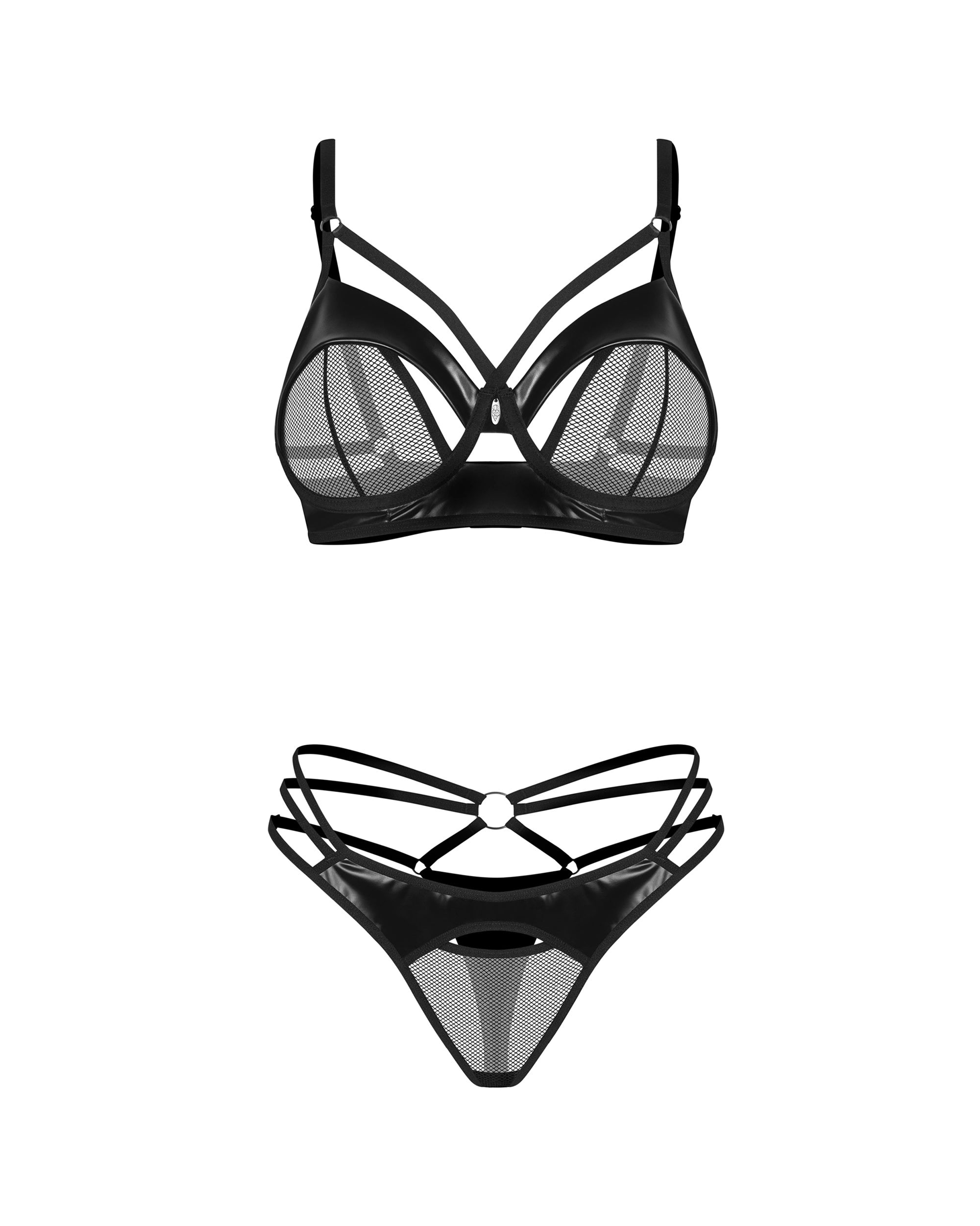 Completo Nero Effetto Pelle e Tulle con Ferretto Dominna | Obsessive 229753
