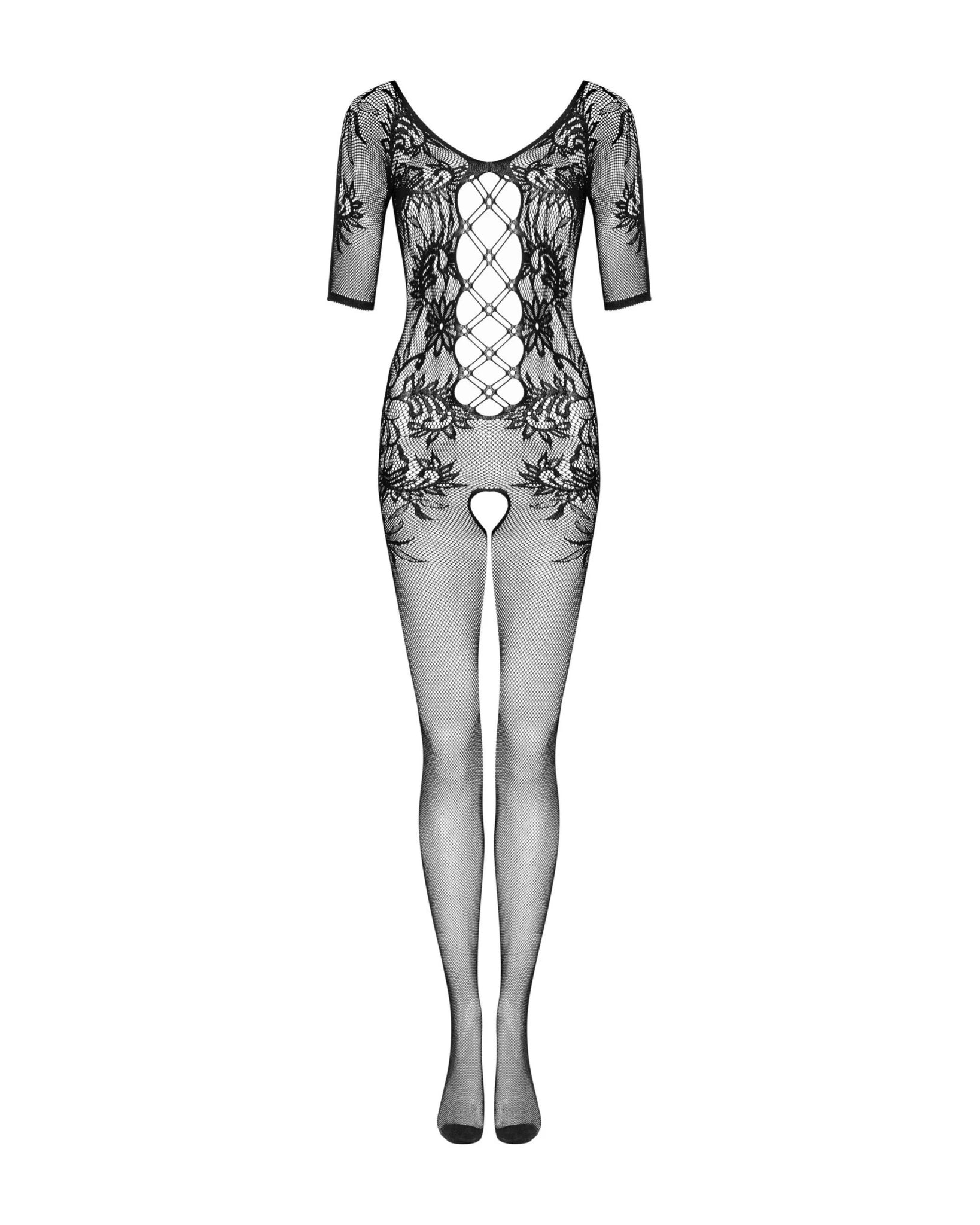 Bodystocking Nero a Rete con Motivo Floreale e Cavallo Aperto F238 | Obsessive - Obsessive - Intimo per le occasioni speciali | The Game Lingerie