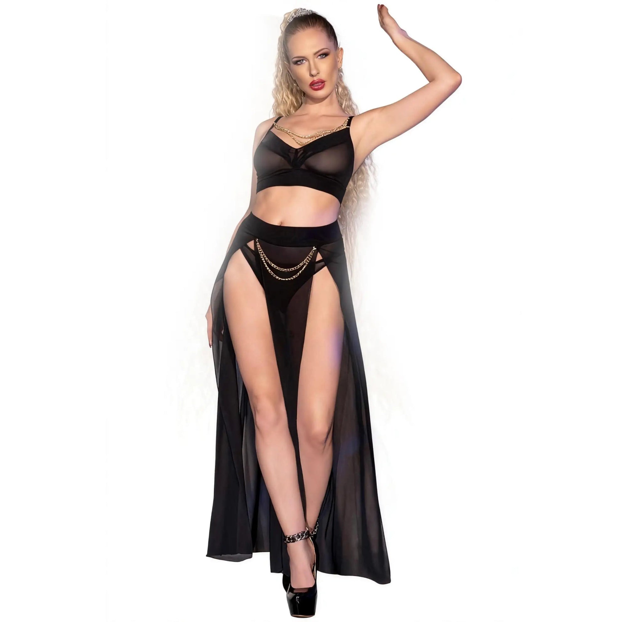 CHILIROSE - CR 4672 - SET TOP E GONNA NERI CON ACCESSORI DORATI - CHILIROSE SETS - Intimo per le occasioni speciali | The Game Lingerie