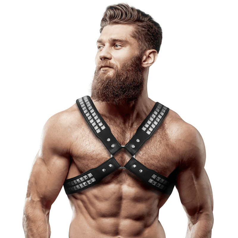 FETISH SUBMISSIVE ATTITUDE - IMBRACATURA IN ECOPELLE CON PETTO INCROCIATO DA UOMO CON RIVETTI - FETISH SUBMISSIVE ATTITUDE - Intimo per le occasioni speciali | The Game Lingerie
