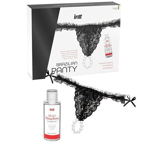 INTT RELEASES - SLIP NERO BRASILIANO CON PERLE E GEL LUBRIFICANTE 50 ML - INTT RELEASES - Intimo per le occasioni speciali | The Game Lingerie