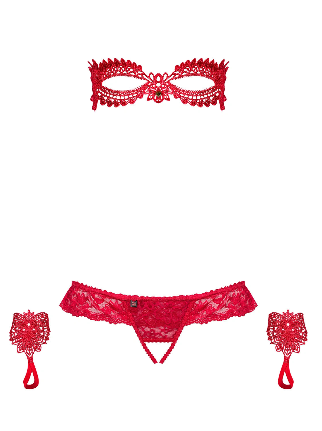 Completo Sexy Rosso con Maschera, Guanti e Perizoma Aperto Hetea | Obsessive 140353