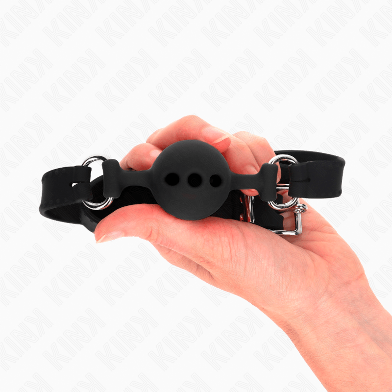KINK - BAVAGLIO IN SILICONE INTERO 55 x 2 CM CON SFERA DA 4 CM MISURA S NERO REGOLABILE 35 - 51 CM - KINK COLLAR & GAG - Intimo per le occasioni speciali | The Game Lingerie