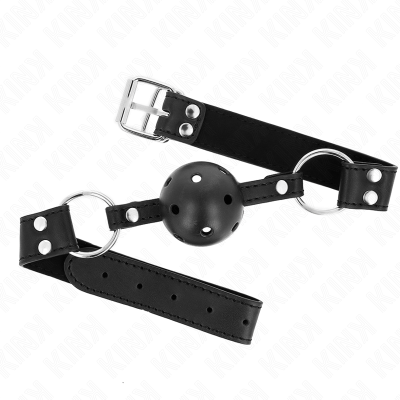 KINK - BAVAGLIO SFERA TRASPIRANTE 4 CM CON DOPPIO RIVETTO MODELLO 1 NERO 62,5 x 2,5 CM REGOLABILE 42 - 58 CM - KINK COLLAR & GAG - Intimo per le occasioni speciali | The Game Lingerie