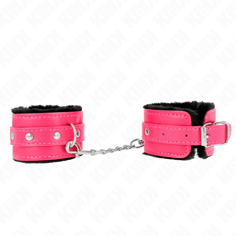 KINK - POGGIPOLSI PREMIUM FODERATI IN PELLICCIA NERI CON CINTURA ROSA LAMPONE REGOLABILE 17 - 29 CM X 6 CM - KINK WRIST RESTRAINT - Intimo per le occasioni speciali | The Game Lingerie