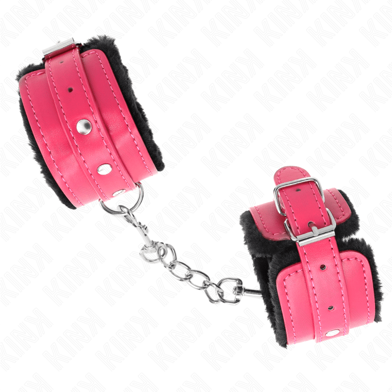 KINK - POGGIPOLSI PREMIUM FODERATI IN PELLICCIA NERI CON CINTURA ROSA LAMPONE REGOLABILE 17 - 29 CM X 6 CM - KINK WRIST RESTRAINT - Intimo per le occasioni speciali | The Game Lingerie