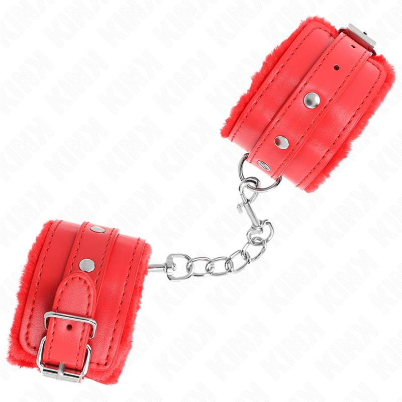 KINK - POGGIPOLSI PREMIUM IMBOTTITI IN PELLICCIA ROSSI CON CINTURA ROSSA REGOLABILE 17 - 29 CM X 6 CM - KINK WRIST RESTRAINT - Intimo per le occasioni speciali | The Game Lingerie