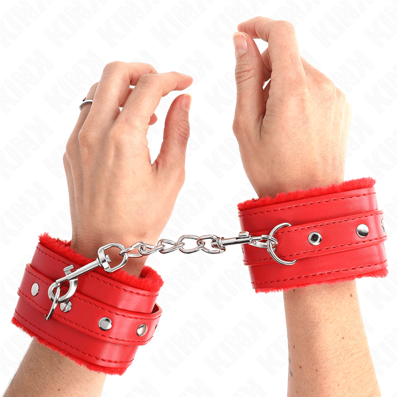 KINK - POGGIPOLSI PREMIUM IMBOTTITI IN PELLICCIA ROSSI CON CINTURA ROSSA REGOLABILE 17 - 29 CM X 6 CM - KINK WRIST RESTRAINT - Intimo per le occasioni speciali | The Game Lingerie