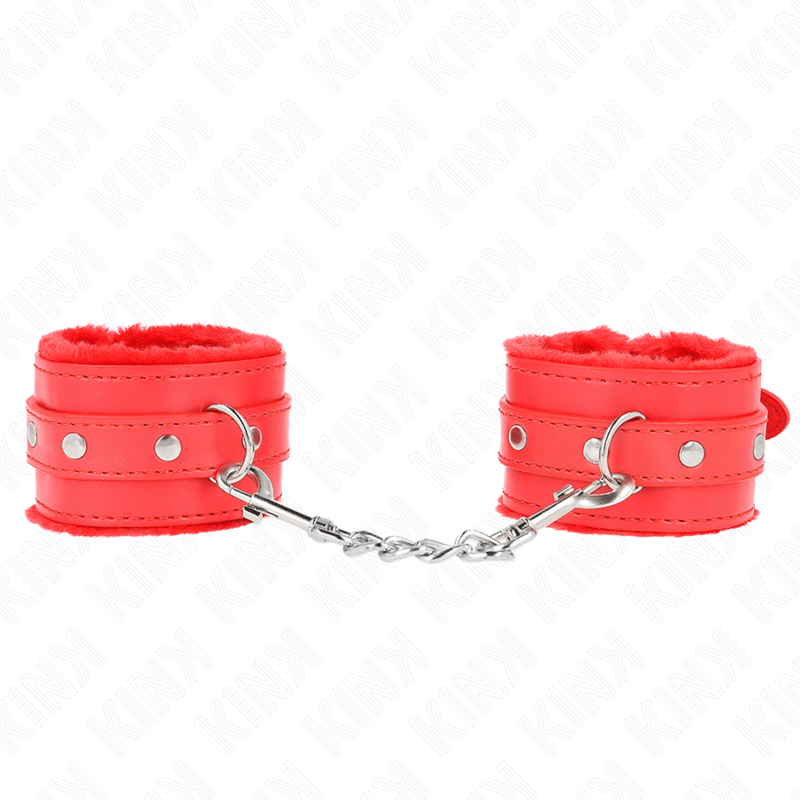 KINK - POGGIPOLSI PREMIUM IMBOTTITI IN PELLICCIA ROSSI CON CINTURA ROSSA REGOLABILE 17 - 29 CM X 6 CM - KINK WRIST RESTRAINT - Intimo per le occasioni speciali | The Game Lingerie