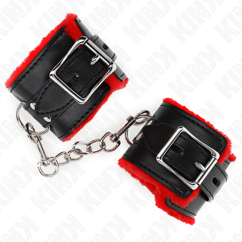 KINK - POLSINI IMBOTTITI IN PELLICCIA CON FORI QUADRI CINTURA ROSSA E NERA REGOLABILE 17 - 29 CM X 6 CM - KINK WRIST RESTRAINT - Intimo per le occasioni speciali | The Game Lingerie