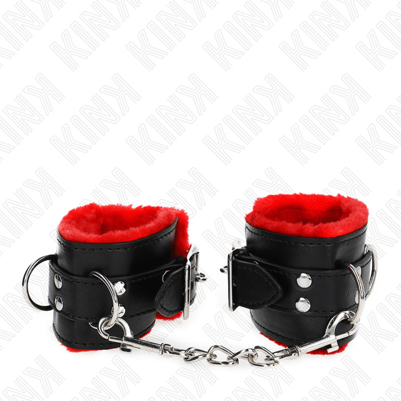 KINK - POLSINI IMBOTTITI IN PELLICCIA CON FORI QUADRI CINTURA ROSSA E NERA REGOLABILE 17 - 29 CM X 6 CM - KINK WRIST RESTRAINT - Intimo per le occasioni speciali | The Game Lingerie