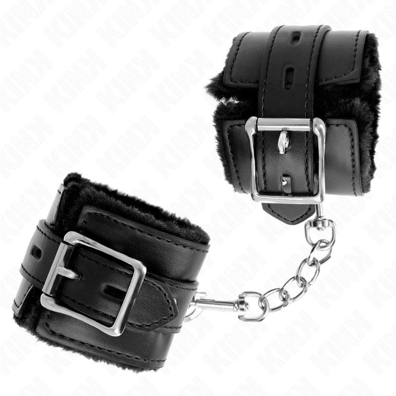 KINK - POLSINI IMBOTTITI IN PELLICCIA CON FORI QUADRI NERI E CINTURA NERA REGOLABILE 17 - 29 CM X 6 CM - KINK WRIST RESTRAINT - Intimo per le occasioni speciali | The Game Lingerie