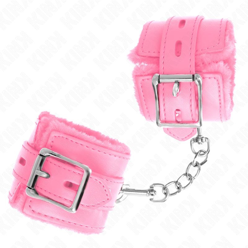 KINK - POLSINI IMBOTTITI IN PELLICCIA CON FORI QUADRI ROSA E CINTURA ROSA REGOLABILE 17 - 29 CM X 6 CM - KINK WRIST RESTRAINT - Intimo per le occasioni speciali | The Game Lingerie
