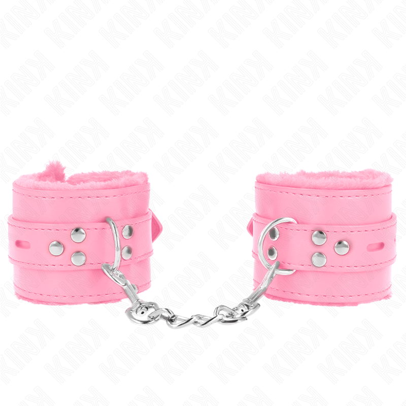 KINK - POLSINI IMBOTTITI IN PELLICCIA CON FORI QUADRI ROSA E CINTURA ROSA REGOLABILE 17 - 29 CM X 6 CM - KINK WRIST RESTRAINT - Intimo per le occasioni speciali | The Game Lingerie