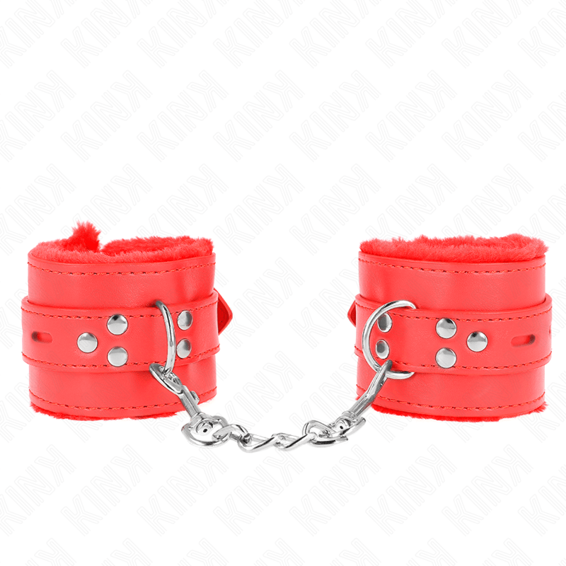 KINK - POLSINI IMBOTTITI IN PELLICCIA CON FORI QUADRI ROSSO E CINTURA ROSSA REGOLABILE 17 - 29 CM X 6 CM - KINK WRIST RESTRAINT - Intimo per le occasioni speciali | The Game Lingerie