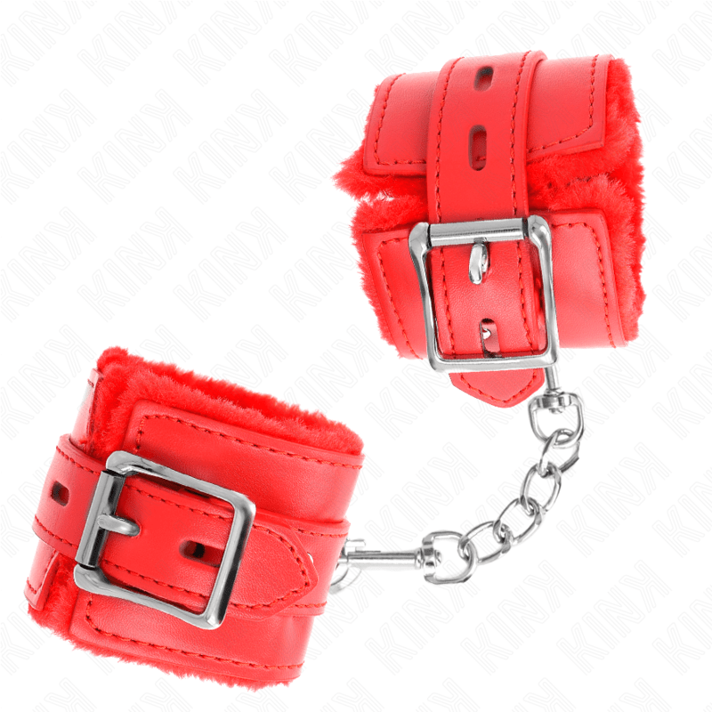 KINK - POLSINI IMBOTTITI IN PELLICCIA CON FORI QUADRI ROSSO E CINTURA ROSSA REGOLABILE 17 - 29 CM X 6 CM - KINK WRIST RESTRAINT - Intimo per le occasioni speciali | The Game Lingerie