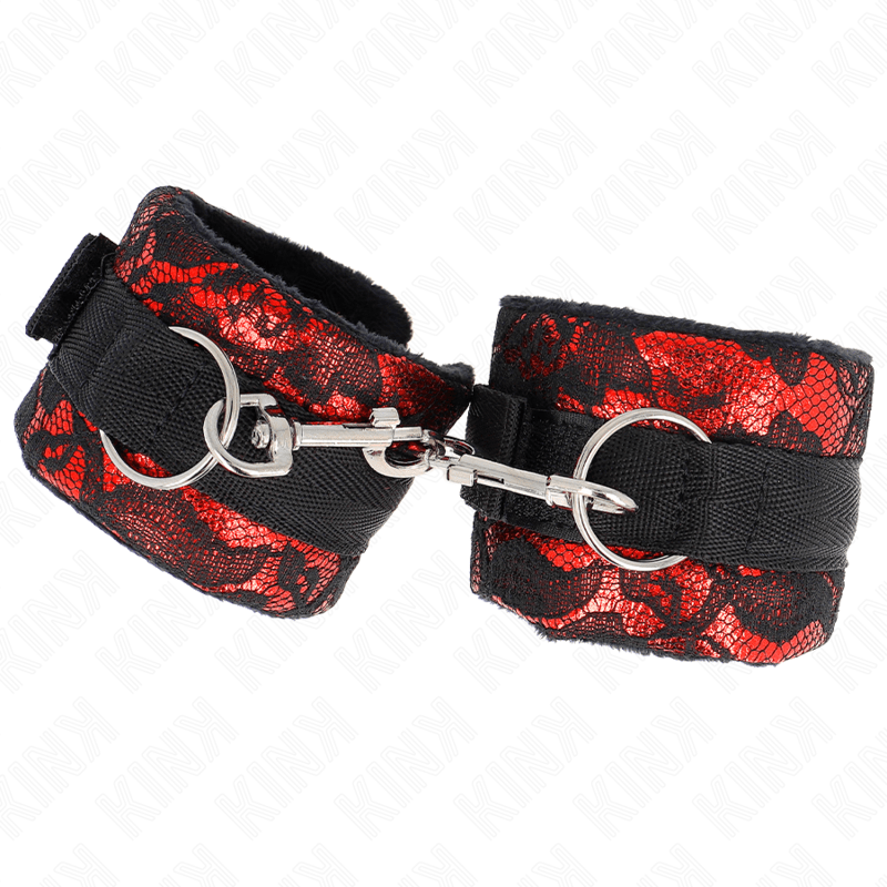 KINK - POLSO CORTO IN PIZZO DI VELLUTO E FASCIA IN NYLON ROSSO / NERO 23 X 6,5 CM - KINK WRIST RESTRAINT - Intimo per le occasioni speciali | The Game Lingerie