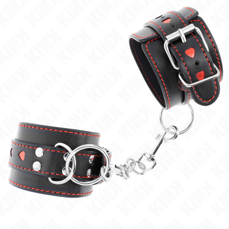 KINK - POLSO NERO CON INTARSIO CUORE ROSSO REGOLABILE 21 - 28 CM X 5,5 CM - KINK WRIST RESTRAINT - Intimo per le occasioni speciali | The Game Lingerie