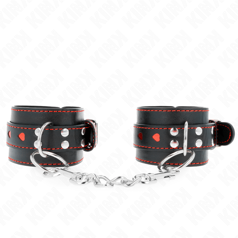 KINK - POLSO NERO CON INTARSIO CUORE ROSSO REGOLABILE 21 - 28 CM X 5,5 CM - KINK WRIST RESTRAINT - Intimo per le occasioni speciali | The Game Lingerie