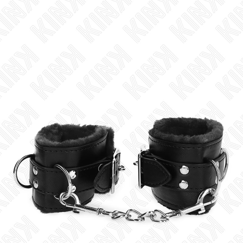 KINK - RESISTENZA DA POLSO IMBOTTITA IN PELLICCIA NERA CON CINTURA NERA REGOLABILE 17 - 29 CM X 6 CM - KINK WRIST RESTRAINT - Intimo per le occasioni speciali | The Game Lingerie
