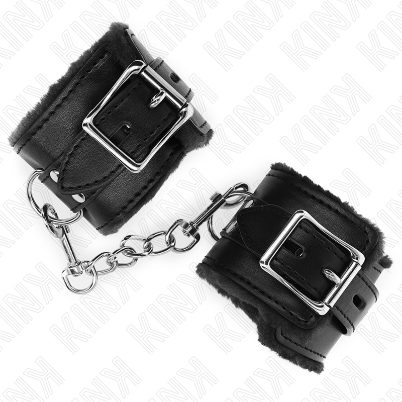 KINK - RESISTENZA DA POLSO IMBOTTITA IN PELLICCIA NERA CON CINTURA NERA REGOLABILE 17 - 29 CM X 6 CM - KINK WRIST RESTRAINT - Intimo per le occasioni speciali | The Game Lingerie