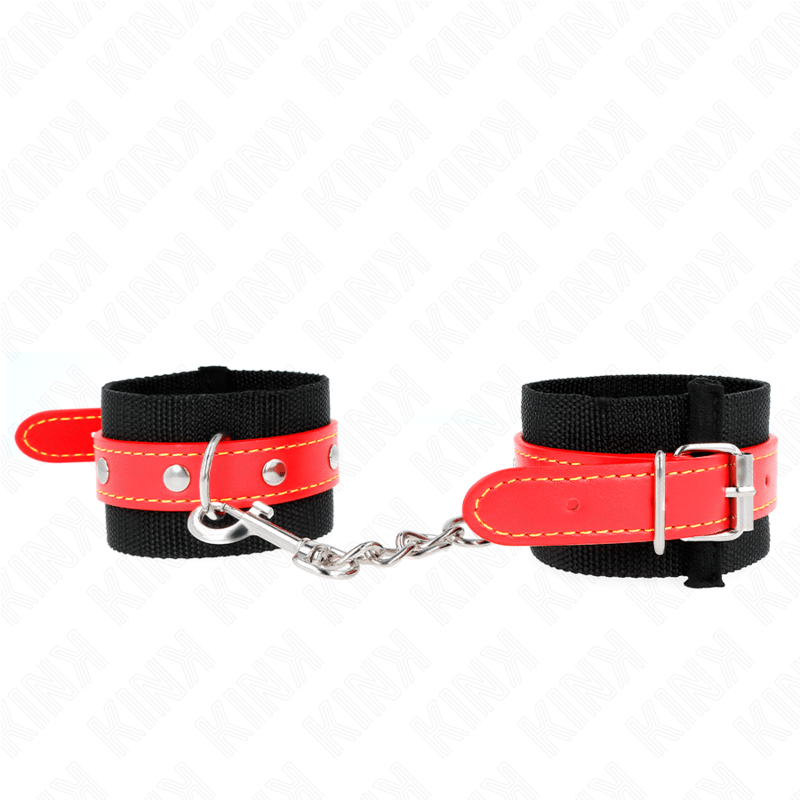 KINK - RESISTENZA DA POLSO IN NYLON NERO CON SIMILPELLE ROSSO REGOLABILE 19 - 24 CM X 5,5 CM - KINK WRIST RESTRAINT - Intimo per le occasioni speciali | The Game Lingerie