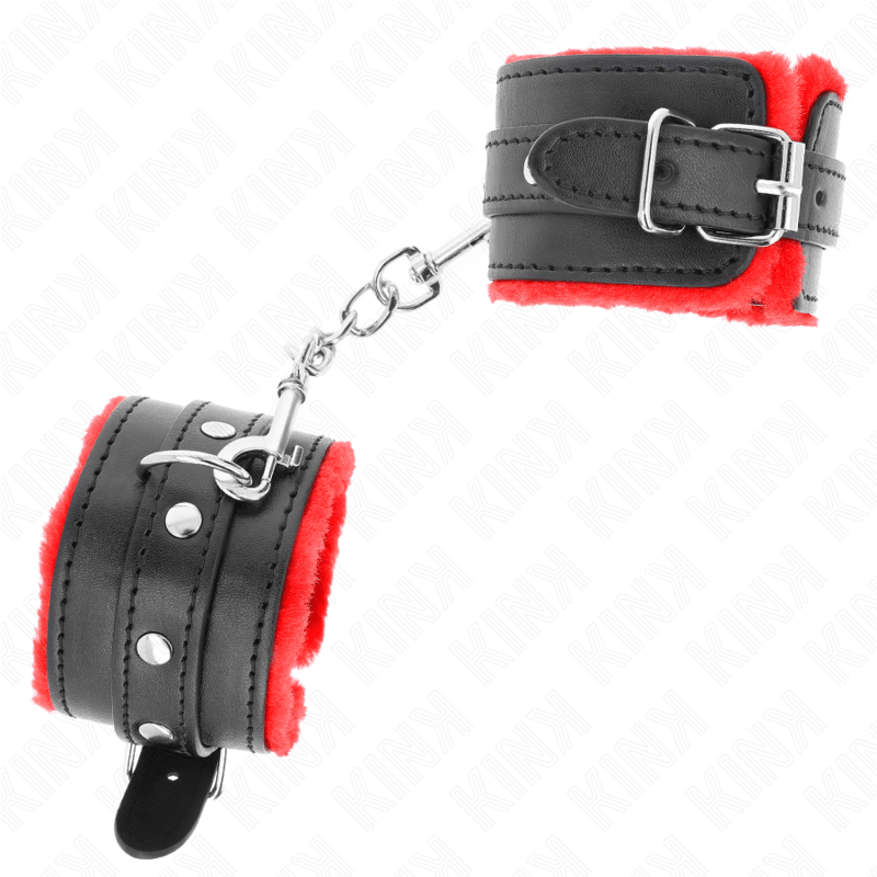 KINK - RESISTENZA DA POLSO PREMIUM FODERATA IN PELLICCIA ROSSO CON CINTURA NERA REGOLABILE 17 - 29 CM X 6 CM - KINK WRIST RESTRAINT - Intimo per le occasioni speciali | The Game Lingerie