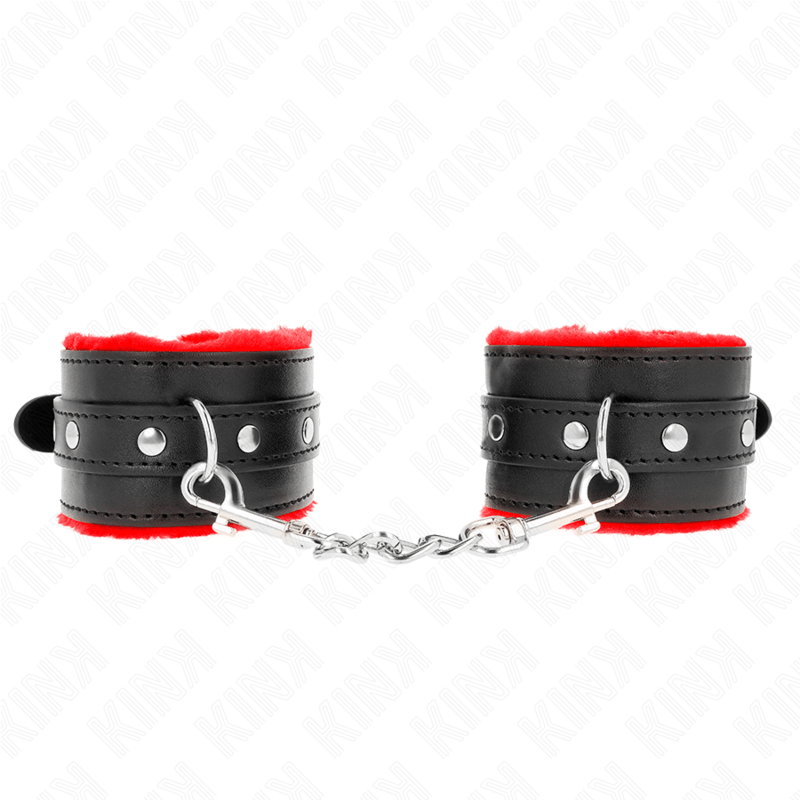 KINK - RESISTENZA DA POLSO PREMIUM FODERATA IN PELLICCIA ROSSO CON CINTURA NERA REGOLABILE 17 - 29 CM X 6 CM - KINK WRIST RESTRAINT - Intimo per le occasioni speciali | The Game Lingerie
