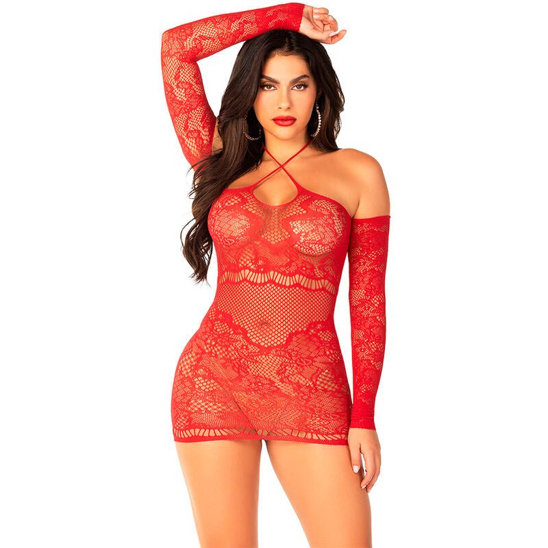 LEG AVENUE - ABITO MINI A RETE CON MANICHE LUNGHE E SPALLE SCOPERTE ROSSO - LEG AVENUE DRESSES - Intimo per le occasioni speciali | The Game Lingerie