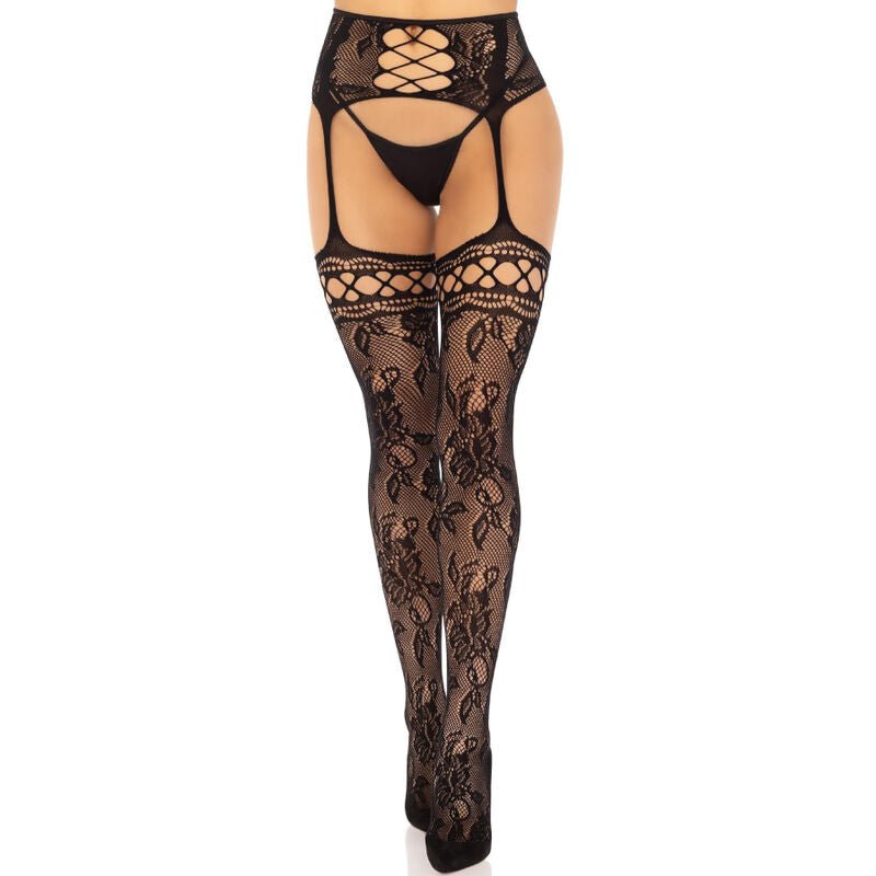 LEG AVENUE - CALZE REGGER IN PIZZO FLOREALE NERO - LEG AVENUE HOSIERY - Intimo per le occasioni speciali | The Game Lingerie