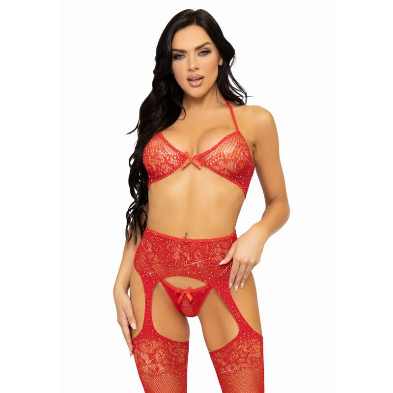 LEG AVENUE - SET TRE PEZZI REGGISENO, PERING E CALZA TAGLIA UNICA - NERO - LEG AVENUE SETS - Intimo per le occasioni speciali | The Game Lingerie