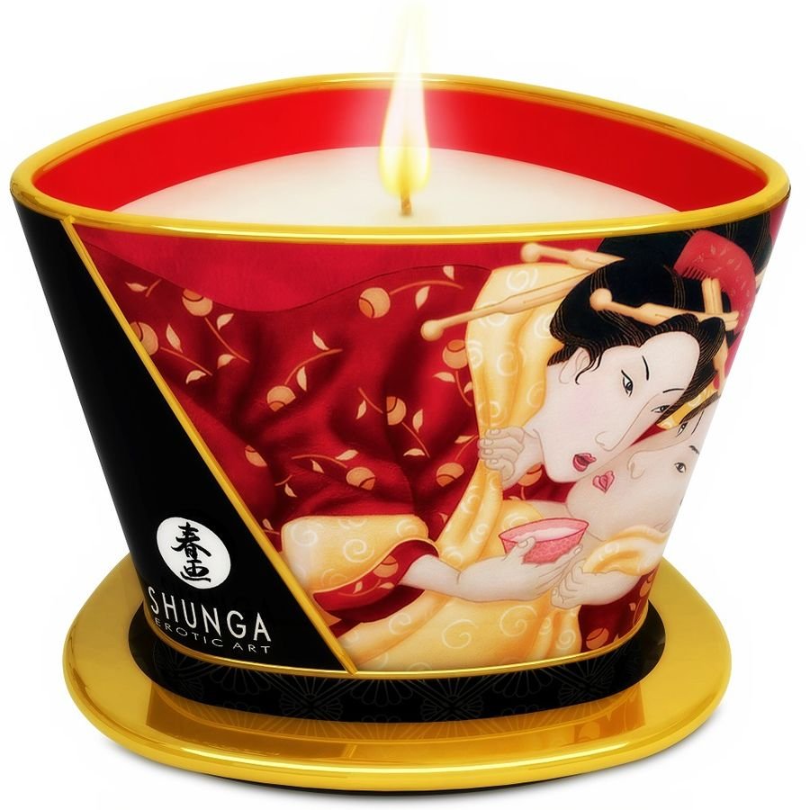 SHUNGA - MINI CARESS BY CANDELIGHT CANDELA DA MASSAGGIO FRAGOLE E CAVA 170 ML - SHUNGA CANDLES - Intimo per le occasioni speciali | The Game Lingerie