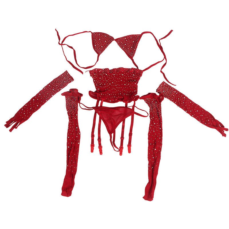 SUBBLIME - 952181 BODYSTOCKING A RETE CON GUANTI E STRASS ROSSO TAGLIA UNICA - SUBBLIME BODYSTOCKINGS - Intimo per le occasioni speciali | The Game Lingerie