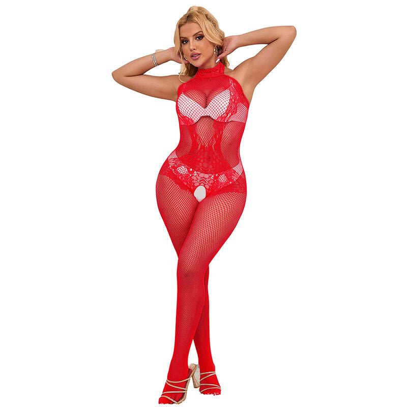 SUBBLIME - 952372 BODYSTOCKING A RETE E PIZZO SENZA CAVALLO CON COLLO ALTO ROSSO TAGLIA UNICA - SUBBLIME BODYSTOCKINGS - Intimo per le occasioni speciali | The Game Lingerie
