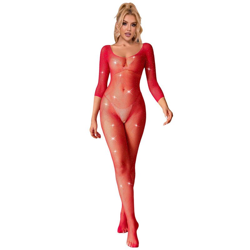 SUBBLIME - 952419 BODYSTOCKING A RETE CON STRASS MANICA LUNGA ROSSO TAGLIA UNICA - SUBBLIME BODYSTOCKINGS - Intimo per le occasioni speciali | The Game Lingerie