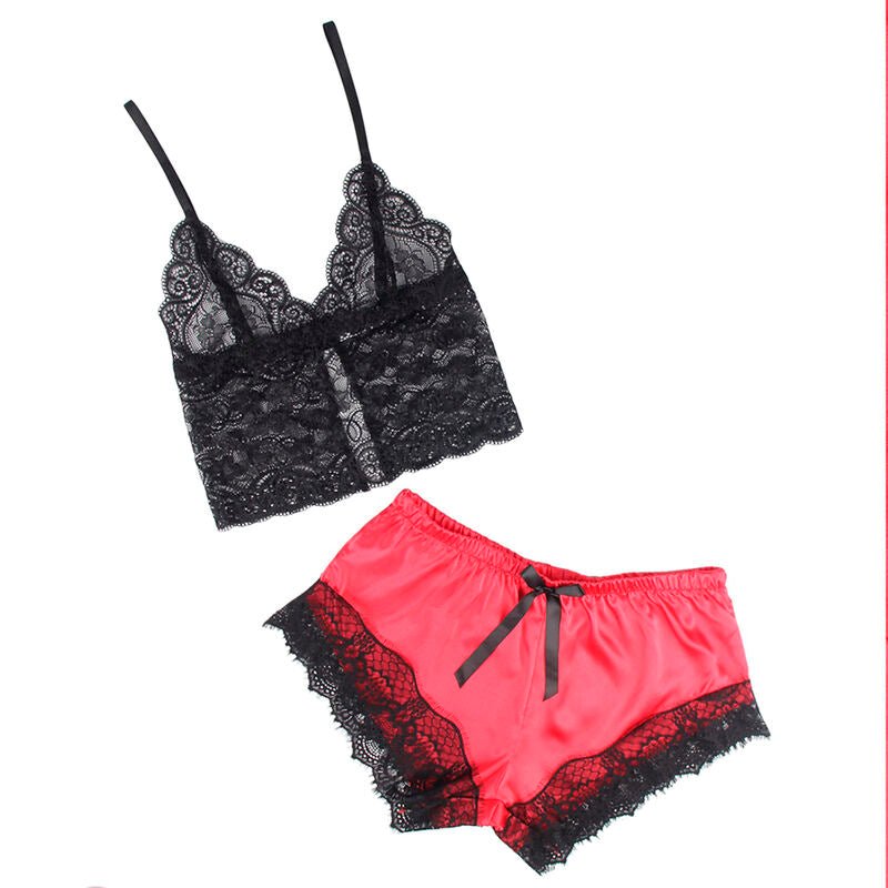 SUBBLIME - 953959 CAMICIA DA NOTTE CASUAL IN SETA + PANTALONI IN PIZZO NERO/ROSSO S/M - SUBBLIME SETS - Intimo per le occasioni speciali | The Game Lingerie
