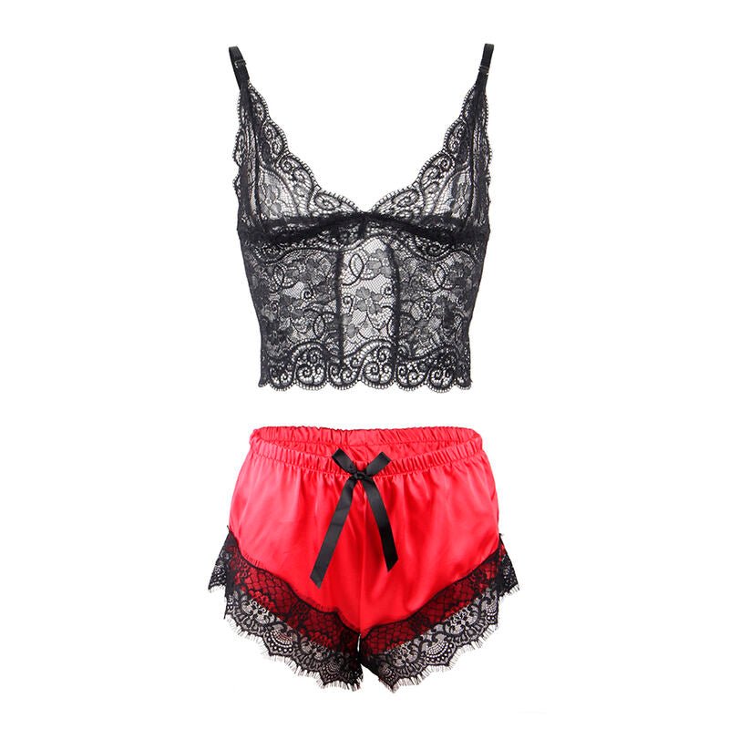 SUBBLIME - 953966 VESTAGLIA DA NOTTE CASUAL IN SETA + PANTALONI IN PIZZO NERO/ROSSO L/XL - SUBBLIME SETS - Intimo per le occasioni speciali | The Game Lingerie