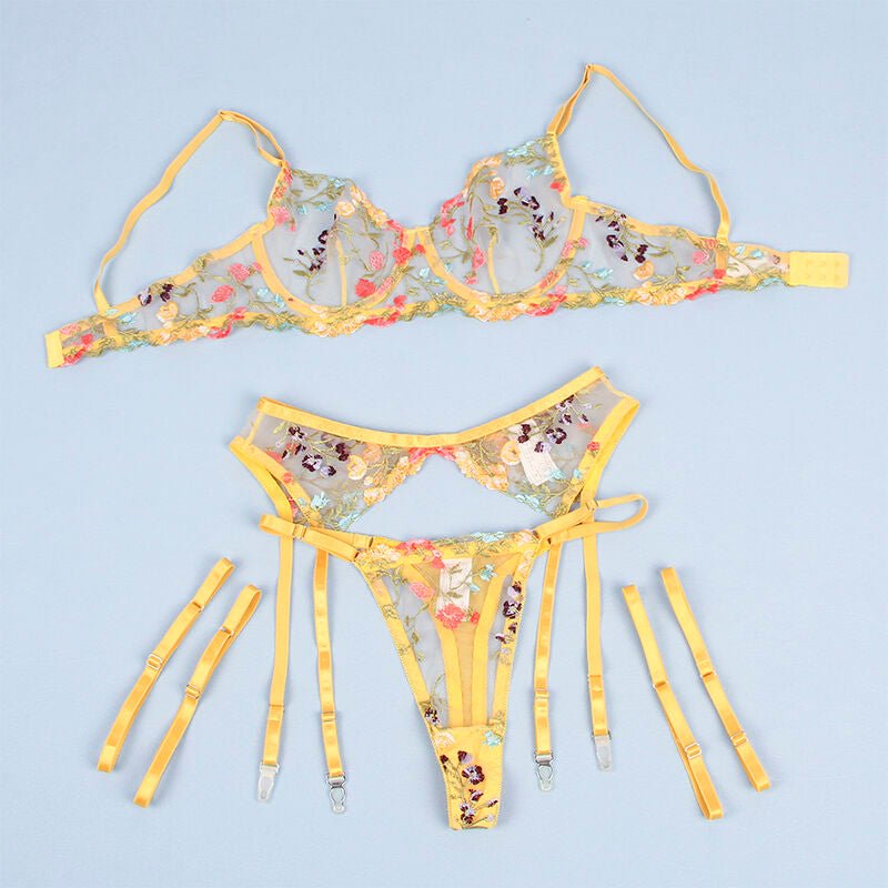 SUBBLIME - 954352 REGGISENO + PERIZOMA + CINTURA CON FIORI GIALLO L/XL - SUBBLIME SETS - Intimo per le occasioni speciali | The Game Lingerie