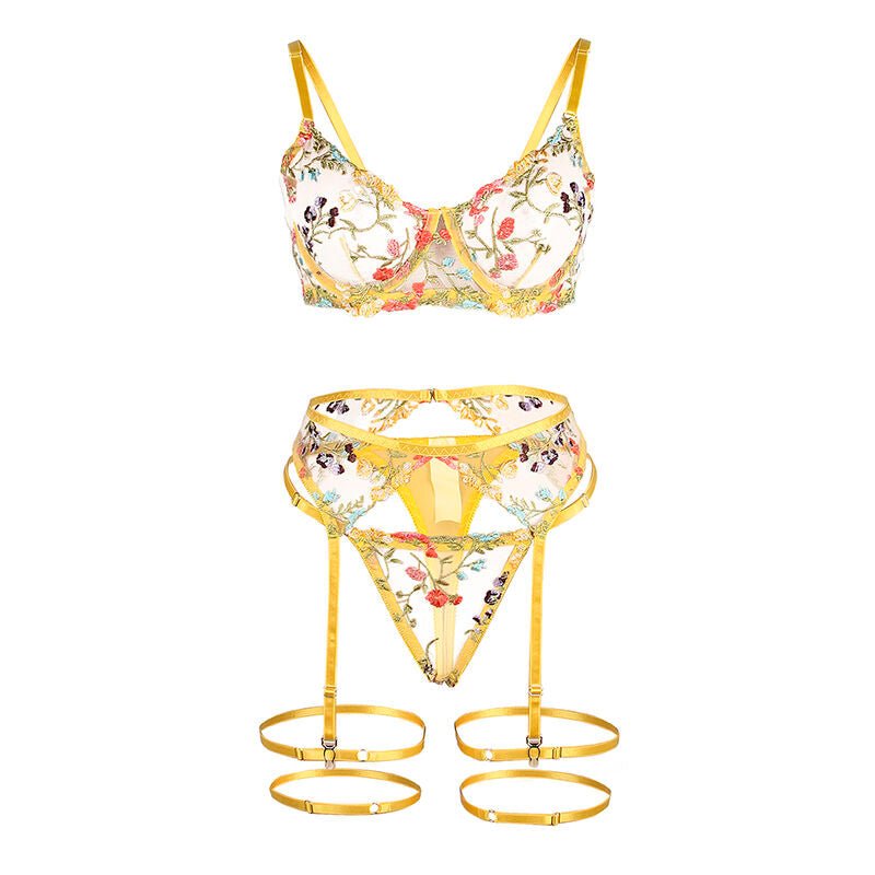 SUBBLIME - 954352 REGGISENO + PERIZOMA + CINTURA CON FIORI GIALLO L/XL - SUBBLIME SETS - Intimo per le occasioni speciali | The Game Lingerie