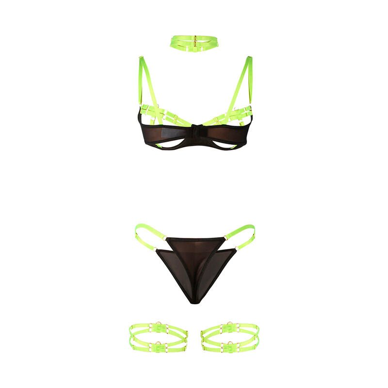 SUBBLIME - 955274 COMPLETO REGGISENO CON COLLANA E DETTAGLI GAMBA VERDE FLUORESCENTE S/M - SUBBLIME SETS - Intimo per le occasioni speciali | The Game Lingerie