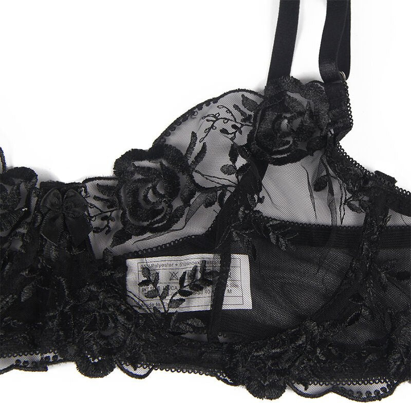 SUBBLIME - SET 3 PEZZI REGGISENO + PERIZOMA + GIARRETTIERA STAMPA FLOREALE NERO S/M - SUBBLIME SETS - Intimo per le occasioni speciali | The Game Lingerie