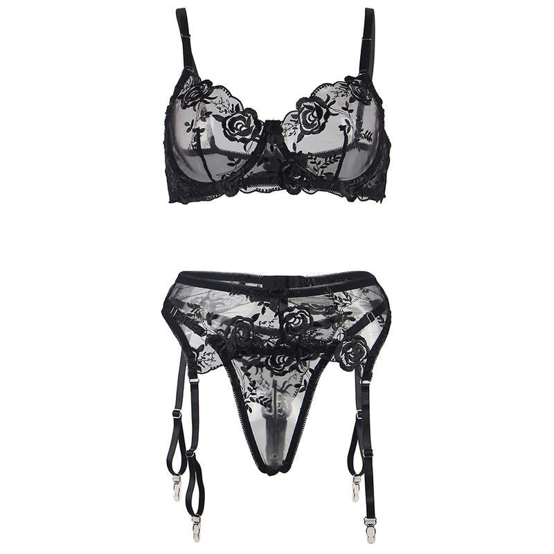 SUBBLIME - SET 3 PEZZI REGGISENO + PERIZOMA + GIARRETTIERA STAMPA FLOREALE NERO S/M - SUBBLIME SETS - Intimo per le occasioni speciali | The Game Lingerie